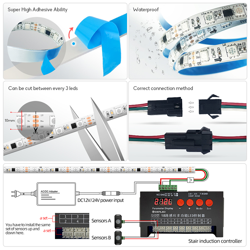 DC12V 60LEDs/M Human Body Induction Stair Warm White LED Strip Light Kit, 16.4ft/5m, WS2811 Color Changing Flexible LED Strip DC12V 60LEDs/M Human Body Induction Stair Warm White LED Strip Light Kit, 16.4ft/5m, WS2811 Color Changing Flexible LED Strip